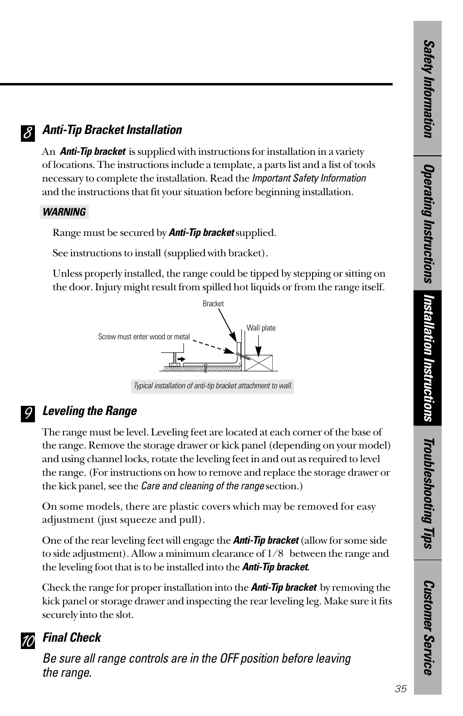 Anti-tip bracket, Leveling, Anti-tip bracket leveling | Hotpoint RB533 User Manual | Page 35 / 40