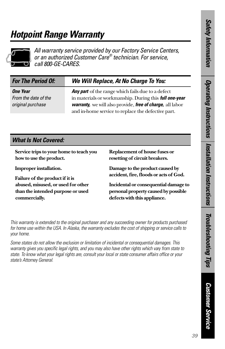 Warranty, Hotpoint range warranty, Technician. for service, call 800-ge-cares | What is not covered | Hotpoint RB533 User Manual | Page 39 / 40