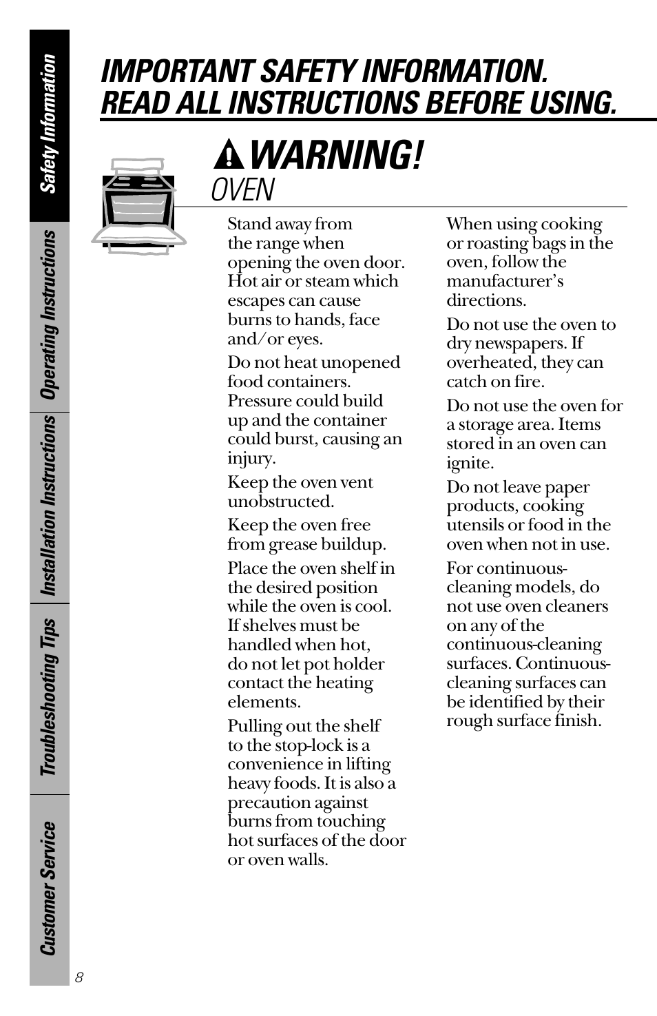 Oven, Warning | Hotpoint RB533 User Manual | Page 8 / 40