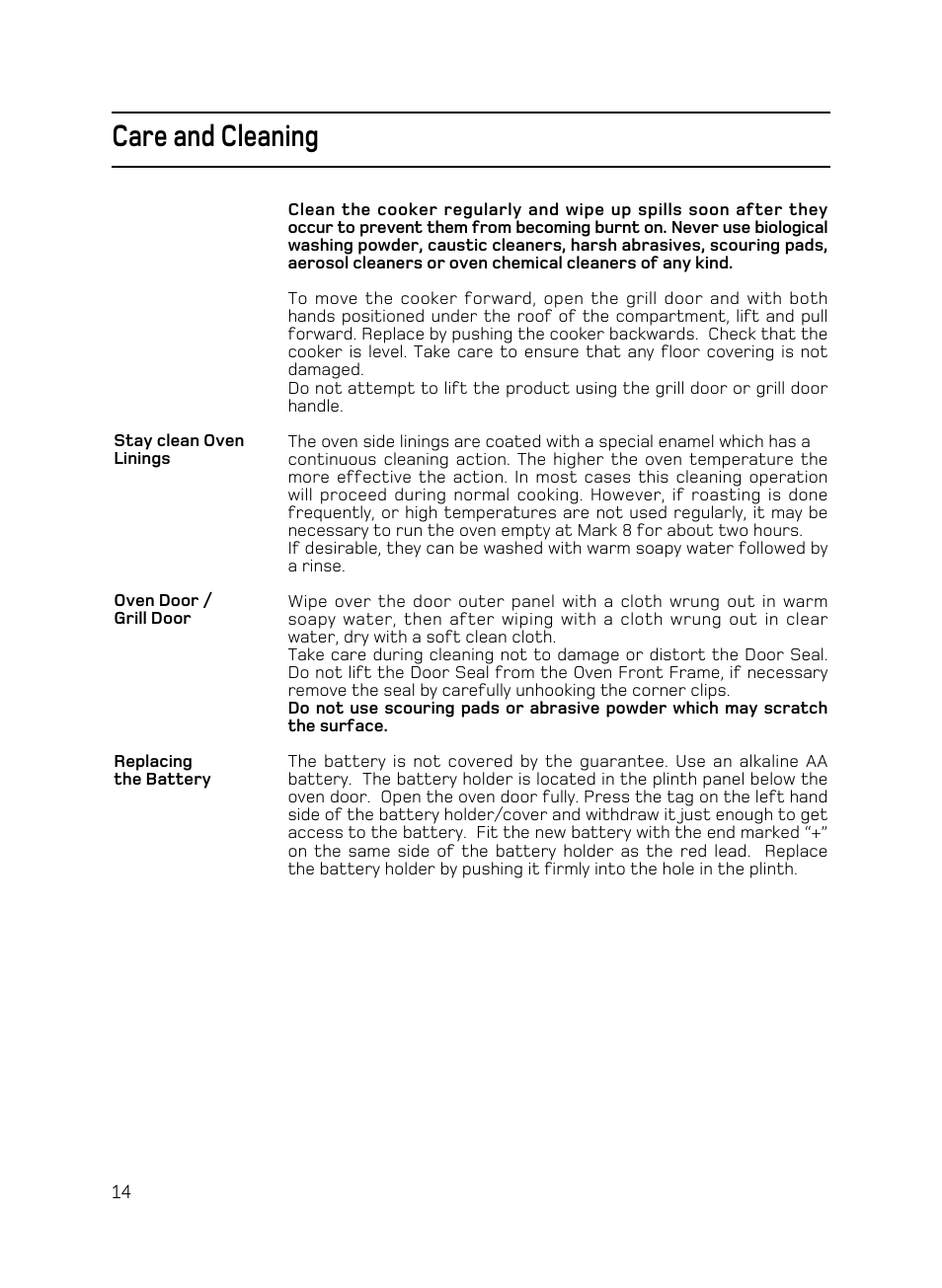 Care and cleaning | Hotpoint C150 User Manual | Page 14 / 24