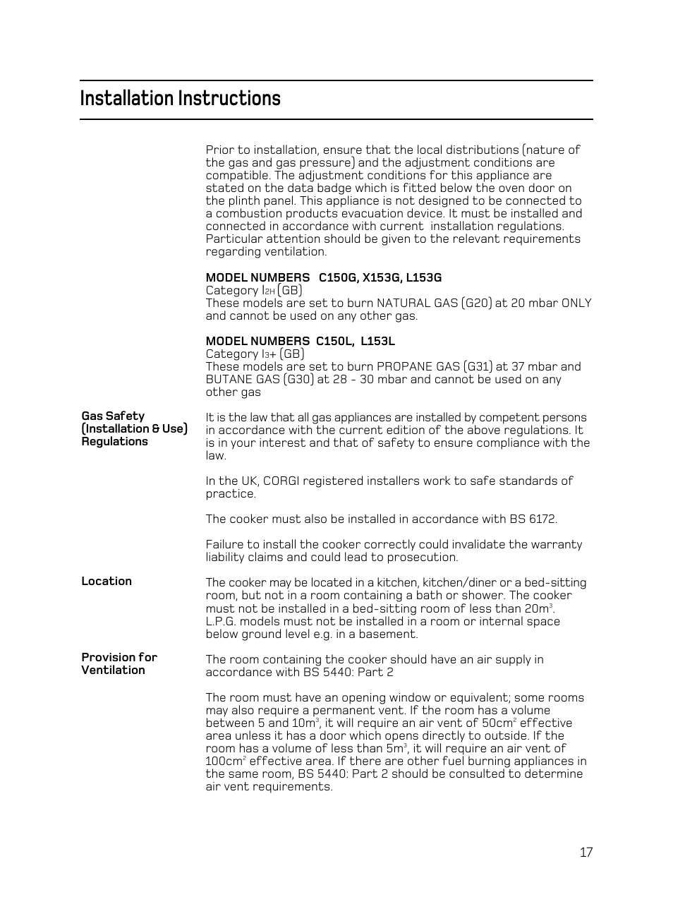 Installation instructions | Hotpoint C150 User Manual | Page 17 / 24