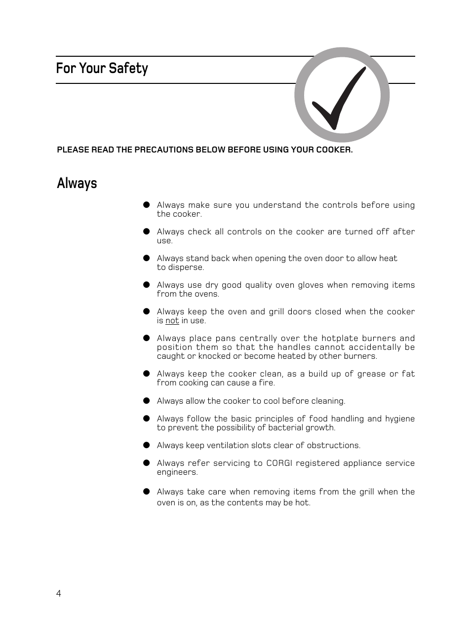 For your safety, Always | Hotpoint C150 User Manual | Page 4 / 24