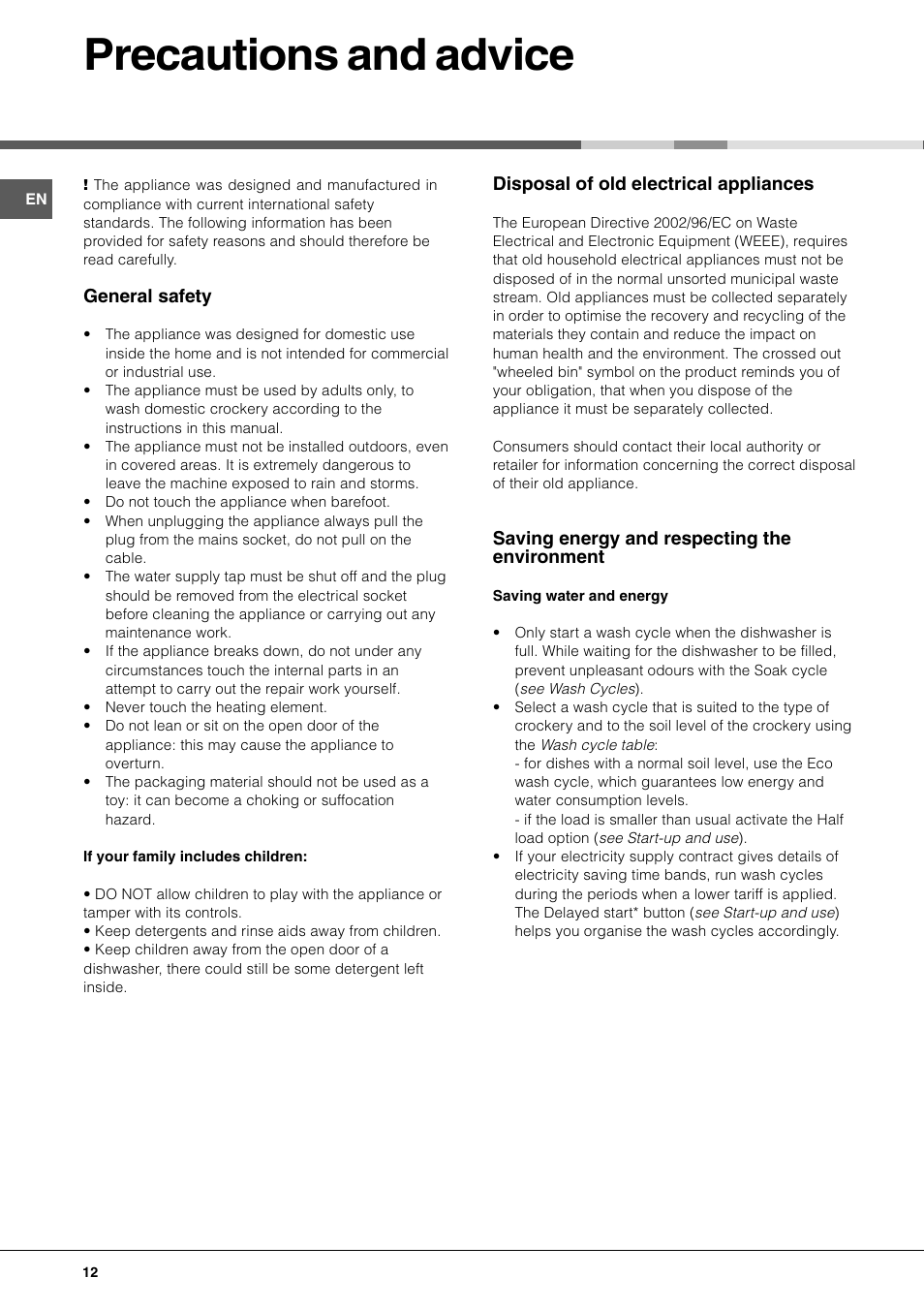 Precautions and advice | Hotpoint BFI 670 User Manual | Page 12 / 20