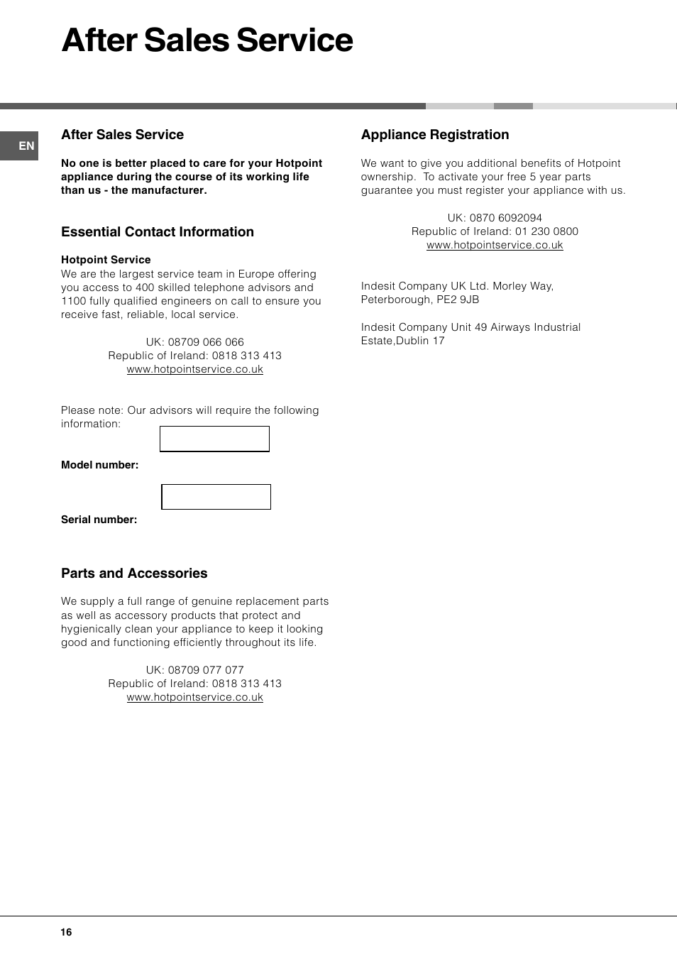 After sales service | Hotpoint BFI 670 User Manual | Page 16 / 20