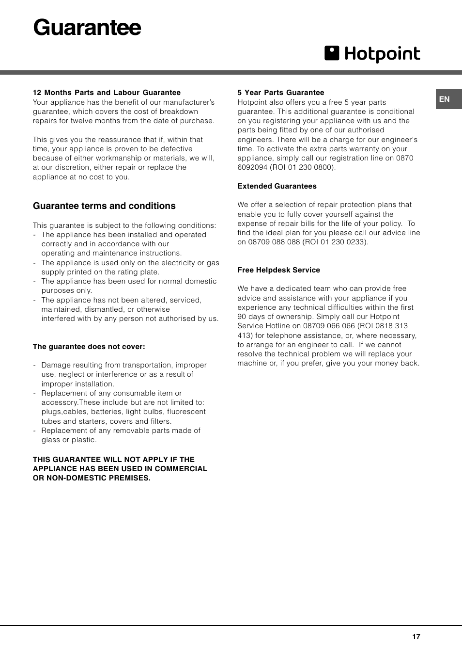 Guarantee | Hotpoint BFI 670 User Manual | Page 17 / 20