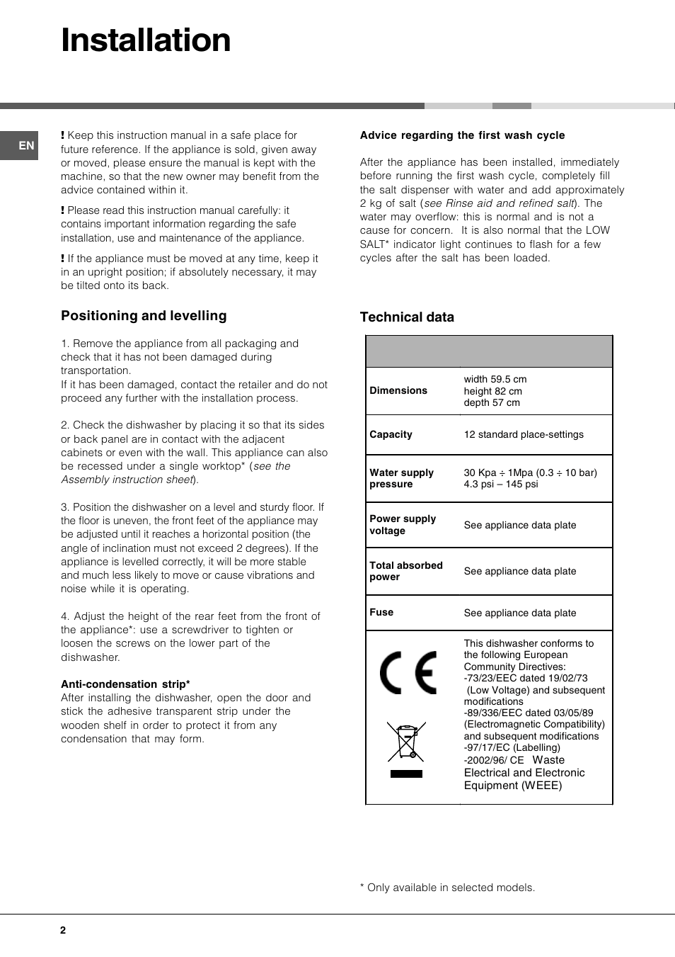 Installation, Positioning and levelling, Technical data | Hotpoint BFI 670 User Manual | Page 2 / 20