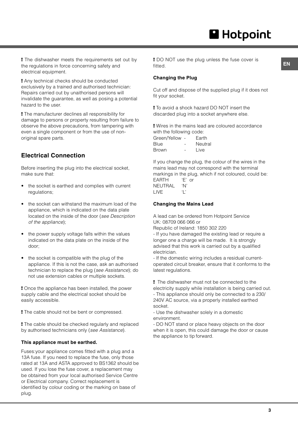 Electrical connection | Hotpoint BFI 670 User Manual | Page 3 / 20