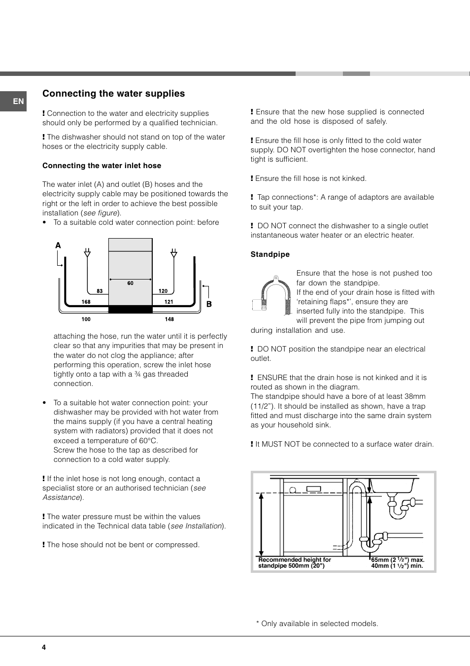 Connecting the water supplies | Hotpoint BFI 670 User Manual | Page 4 / 20
