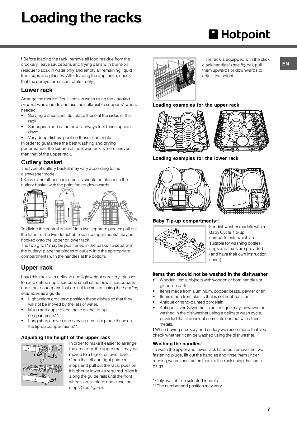 Loading the racks, Lower rack, Cutlery basket | Upper rack | Hotpoint BFI 670 User Manual | Page 7 / 20