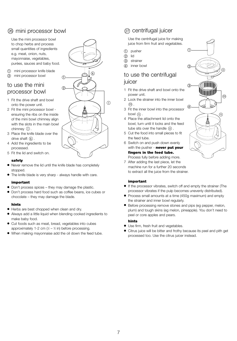 Mini processor bowl, Centrifugal juicer | Kenwood FP905 User Manual | Page 10 / 84