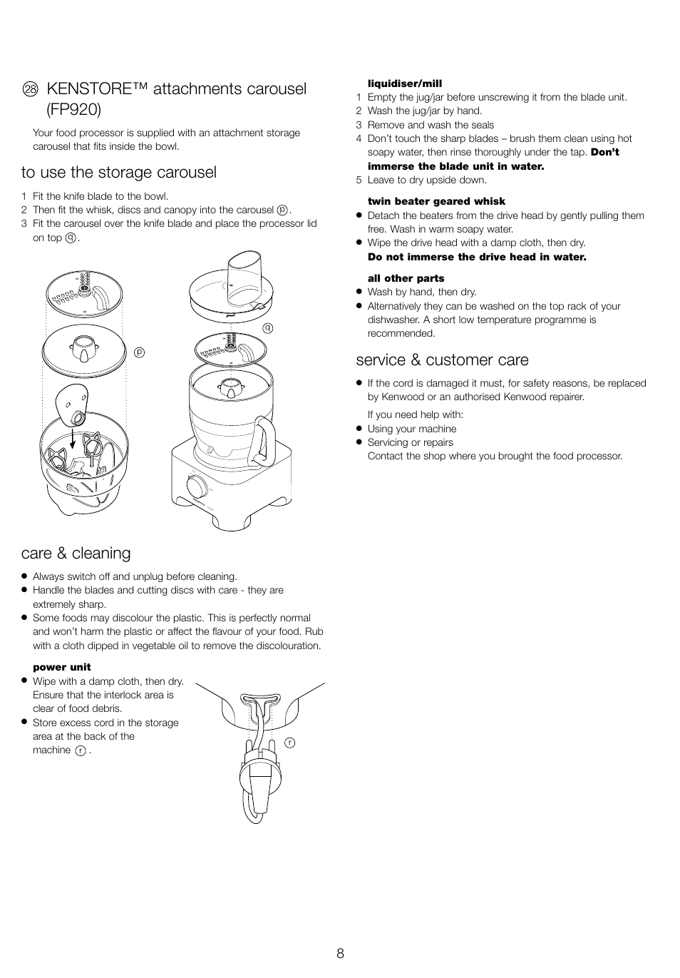 Kenstore™ attachments carousel (fp920), Care & cleaning, Service & customer care | Kenwood FP905 User Manual | Page 11 / 84