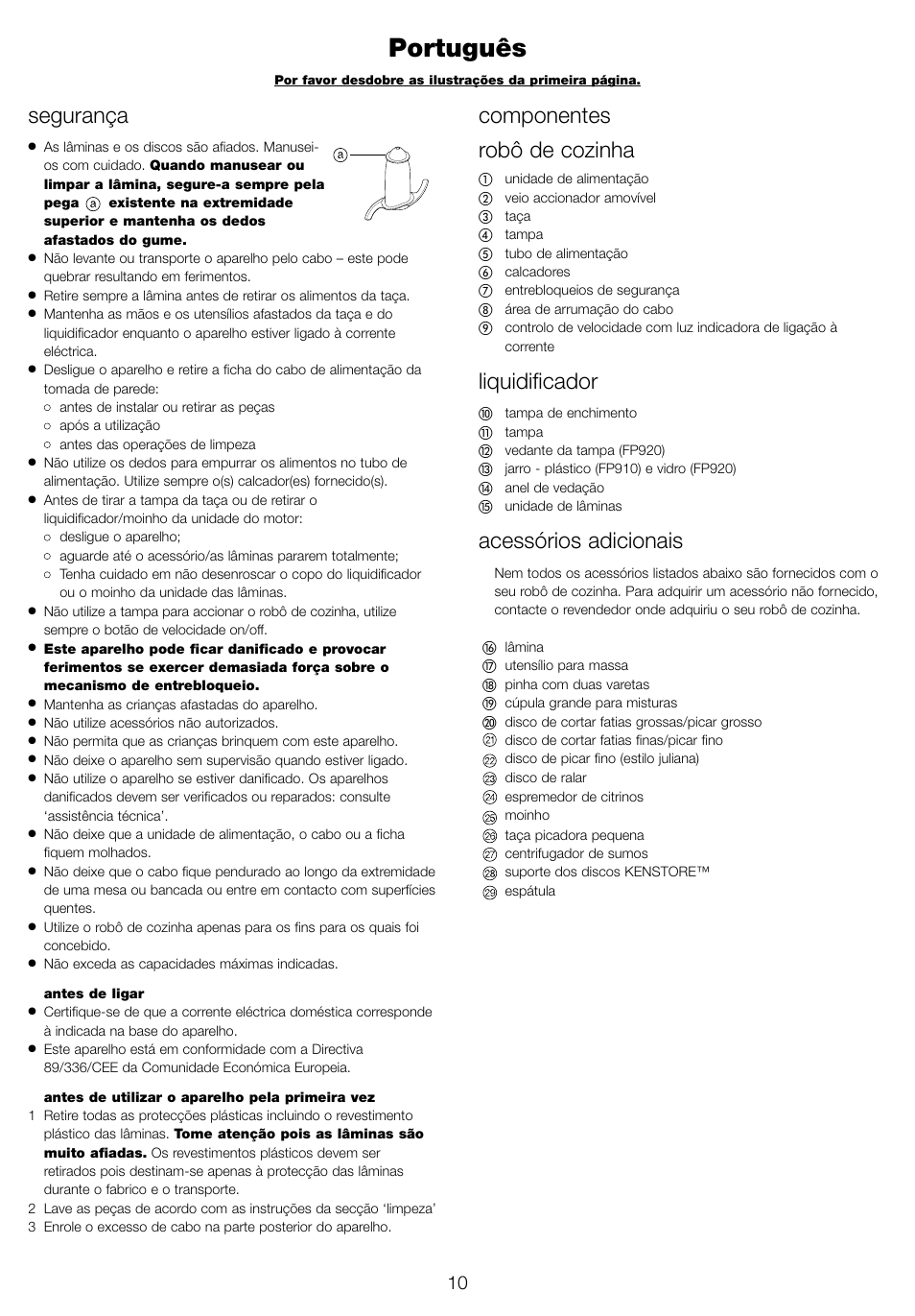 Português, Segurança, Componentes robô de cozinha | Liquidificador, Acessórios adicionais | Kenwood FP905 User Manual | Page 13 / 84