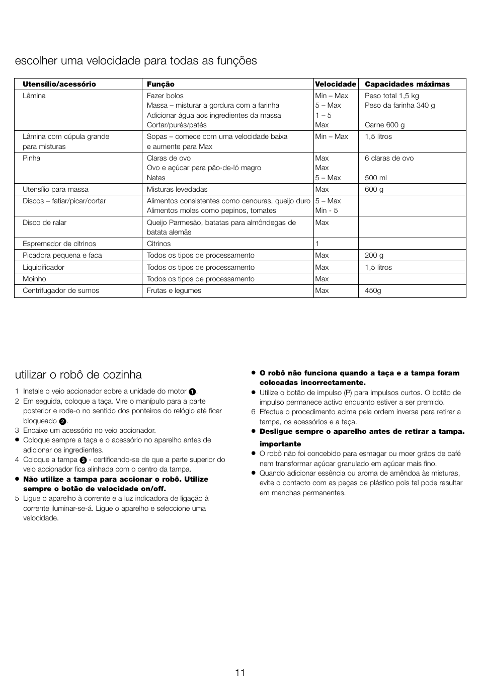 Utilizar o robô de cozinha, Escolher uma velocidade para todas as funções | Kenwood FP905 User Manual | Page 14 / 84