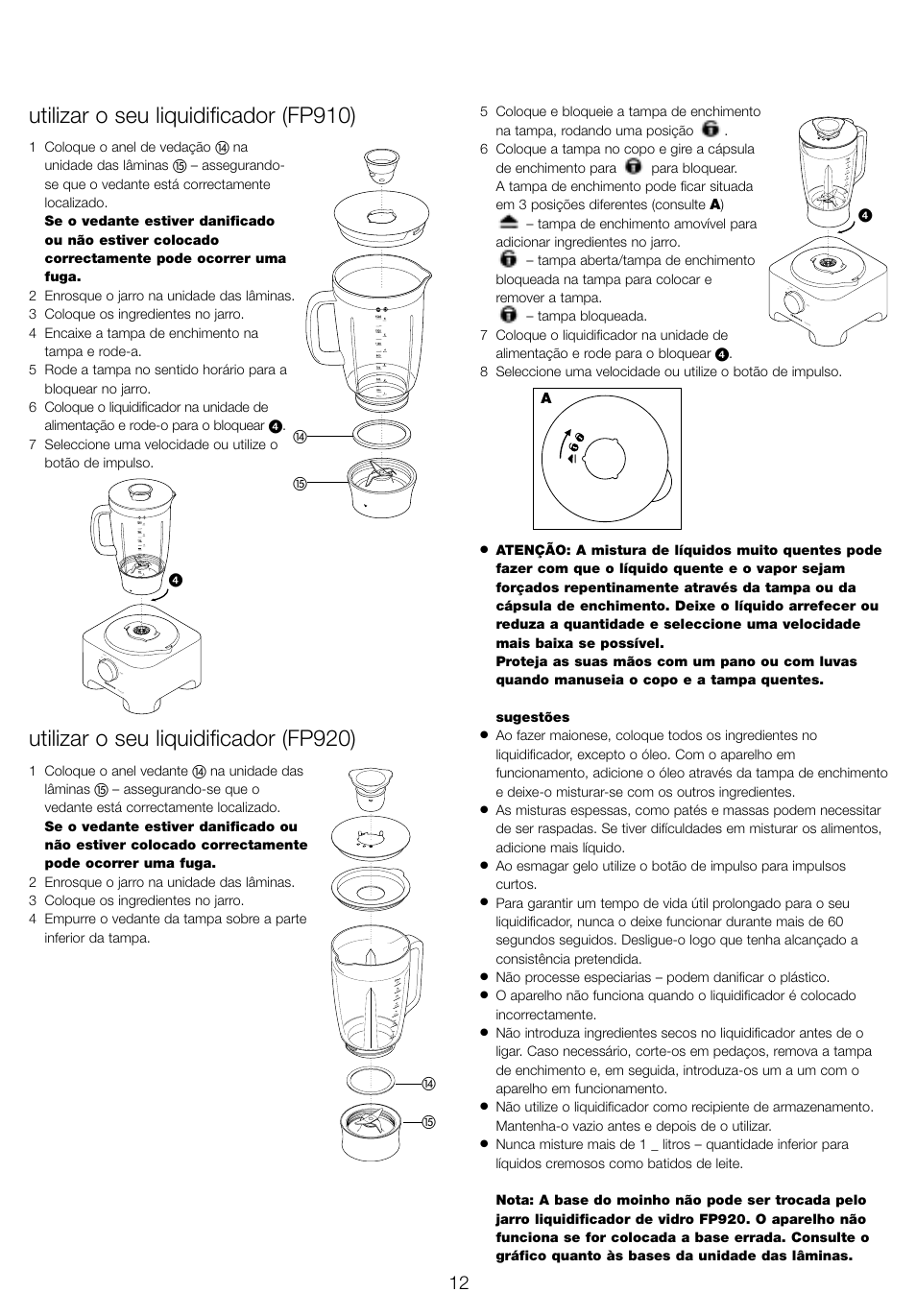 Utilizar o seu liquidificador (fp910), Utilizar o seu liquidificador (fp920) | Kenwood FP905 User Manual | Page 15 / 84