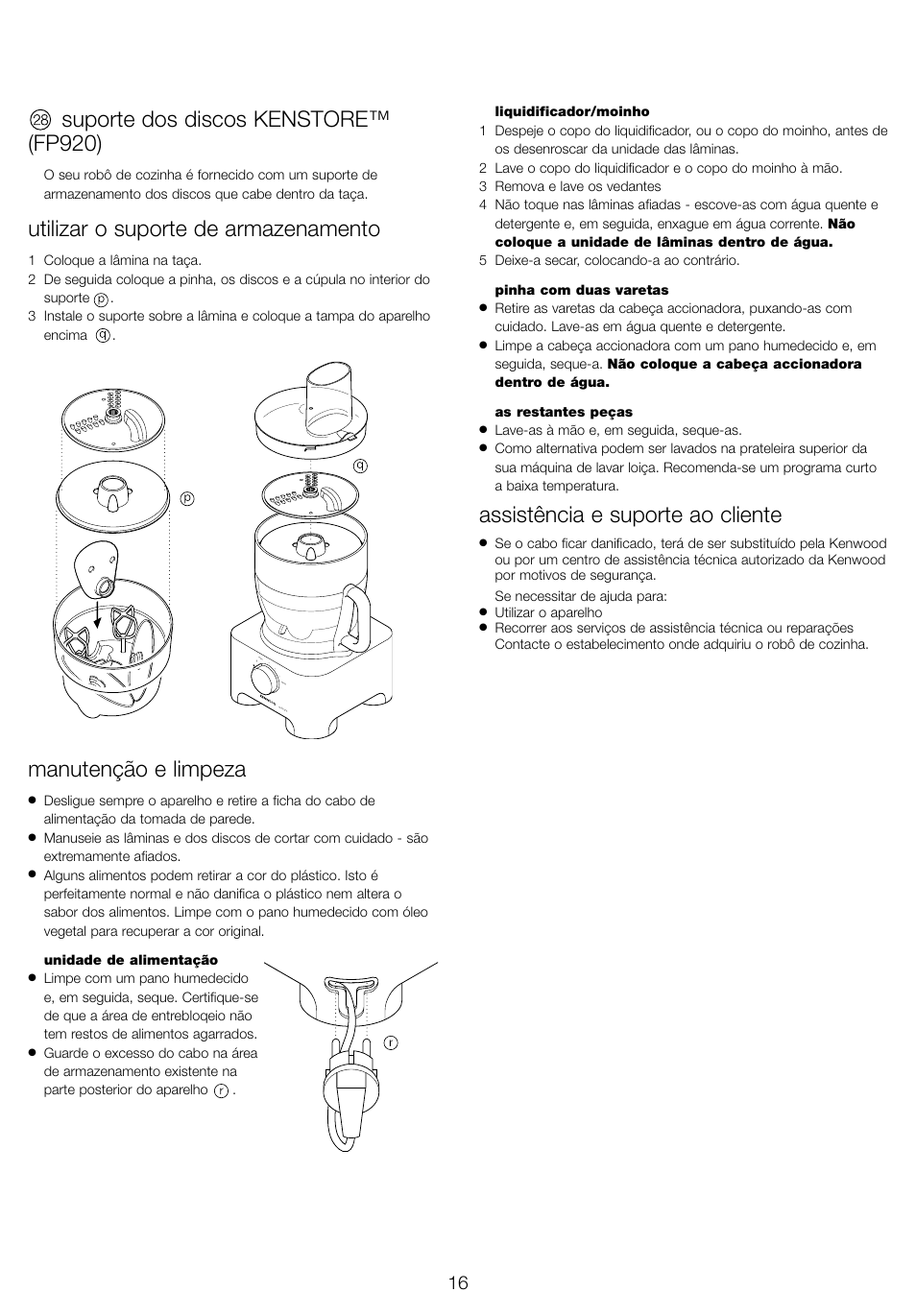 Suporte dos discos kenstore™ (fp920), Utilizar o suporte de armazenamento, Manutenção e limpeza | Assistência e suporte ao cliente | Kenwood FP905 User Manual | Page 19 / 84