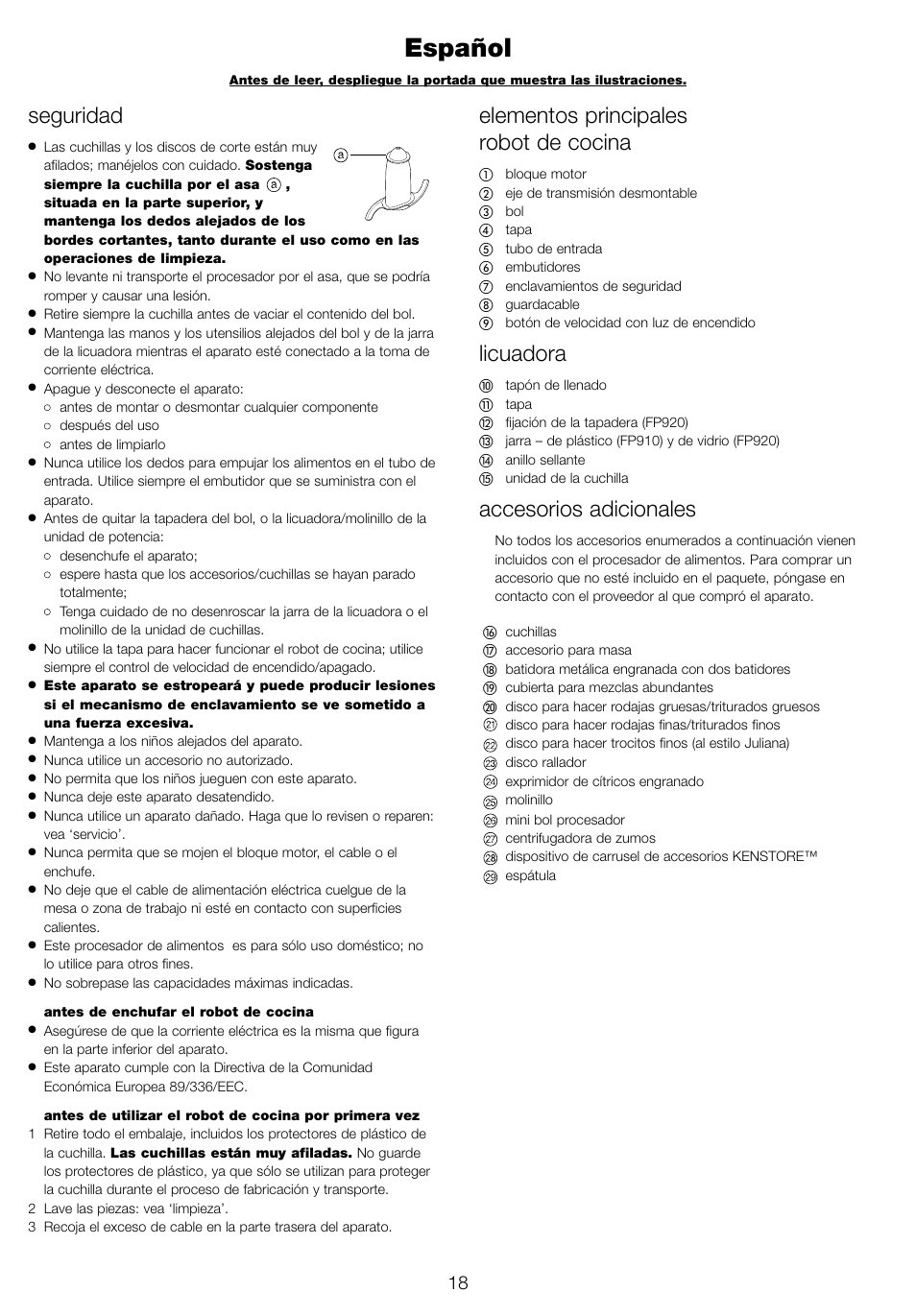 Español, Seguridad, Elementos principales robot de cocina | Licuadora, Accesorios adicionales | Kenwood FP905 User Manual | Page 21 / 84