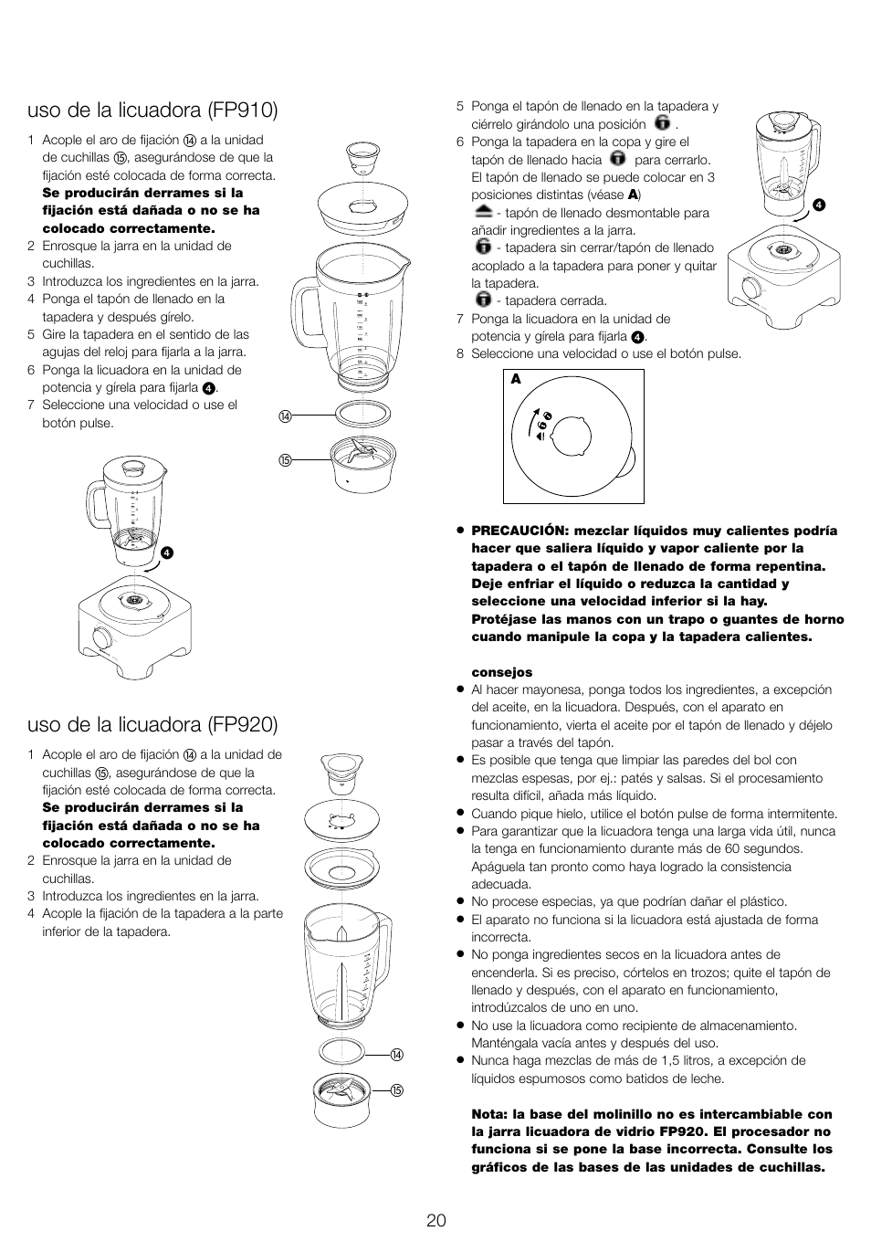 Uso de la licuadora (fp910), Uso de la licuadora (fp920) | Kenwood FP905 User Manual | Page 23 / 84