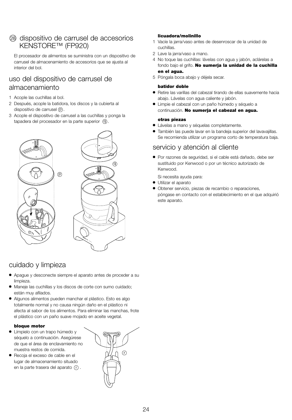 Uso del dispositivo de carrusel de almacenamiento, Cuidado y limpieza, Servicio y atención al cliente | Kenwood FP905 User Manual | Page 27 / 84