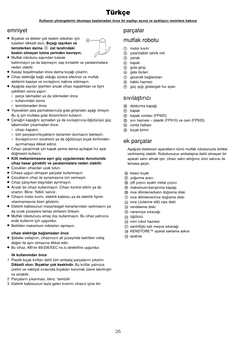 Türkçe, Emniyet, Parçalar mutfak robotu | S›v›laﬂt›r›c, Ek parçalar | Kenwood FP905 User Manual | Page 29 / 84