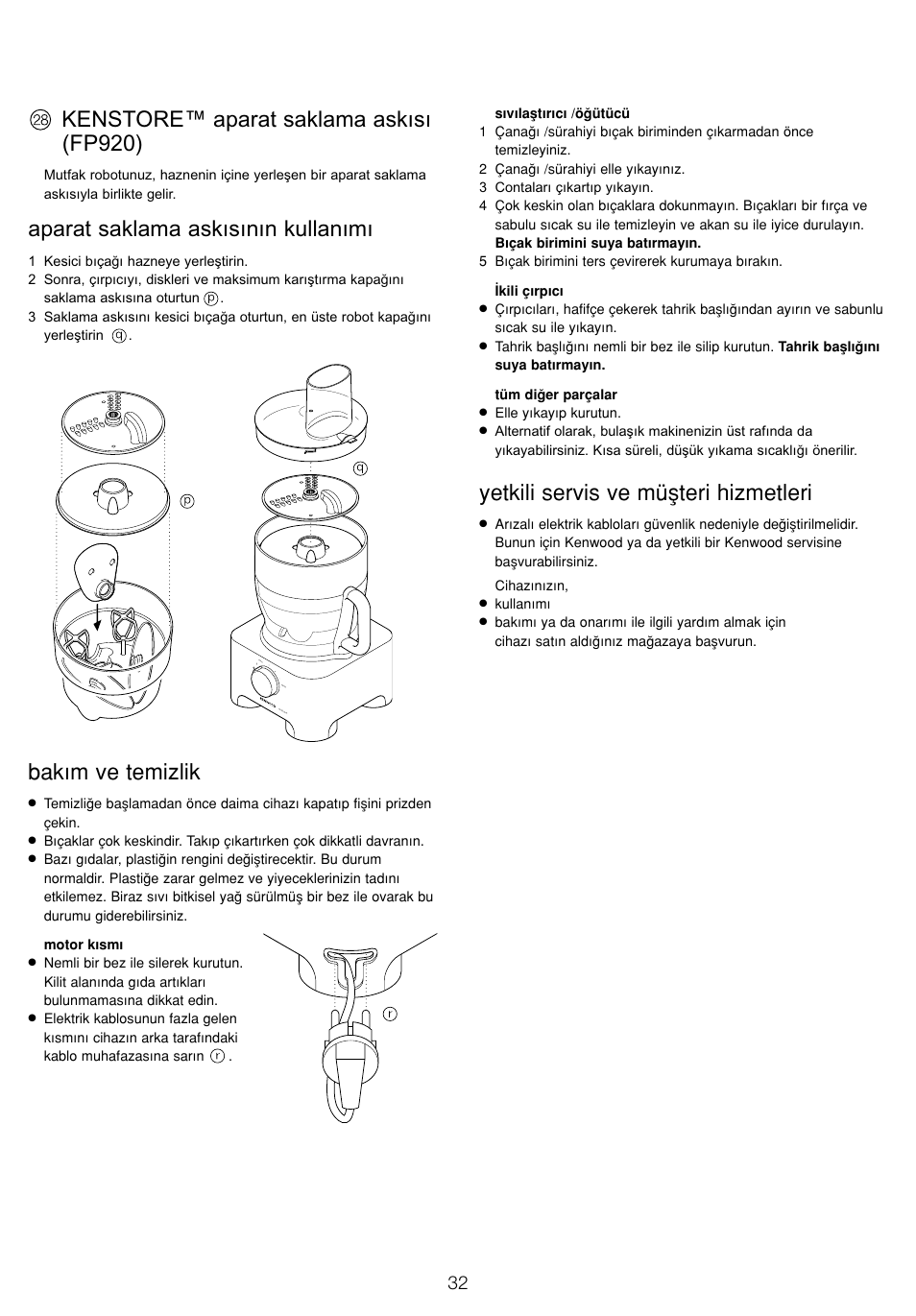 Kenstore™ aparat saklama askısı (fp920), Aparat saklama askısının kullanımı, Bak›m ve temizlik | Yetkili servis ve müﬂteri hizmetleri | Kenwood FP905 User Manual | Page 35 / 84