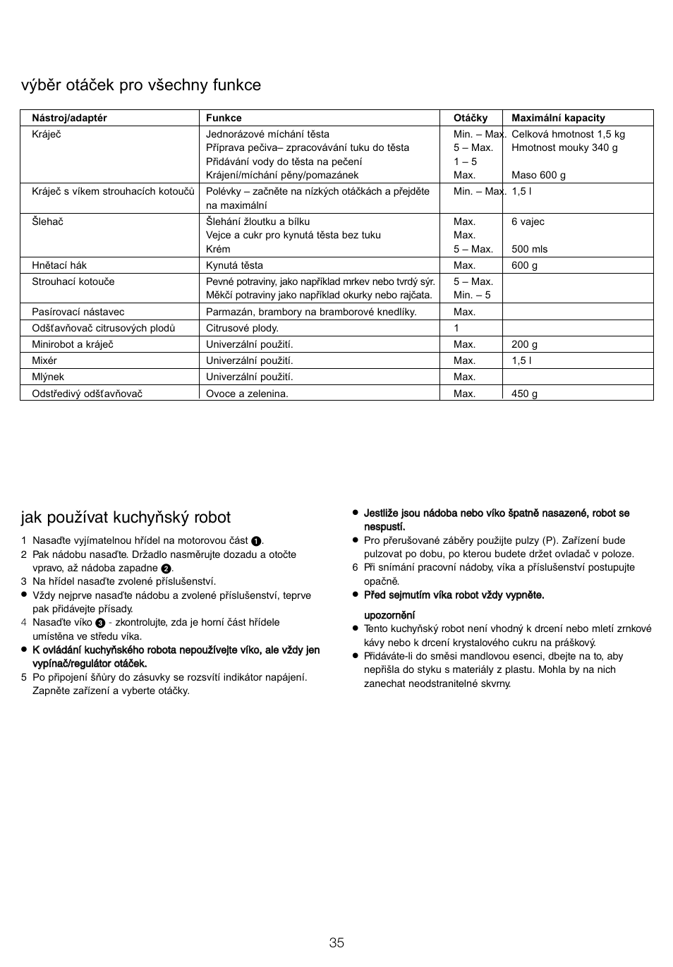 Jak používat kuchyňský robot, Výběr otáček pro všechny funkce | Kenwood FP905 User Manual | Page 38 / 84