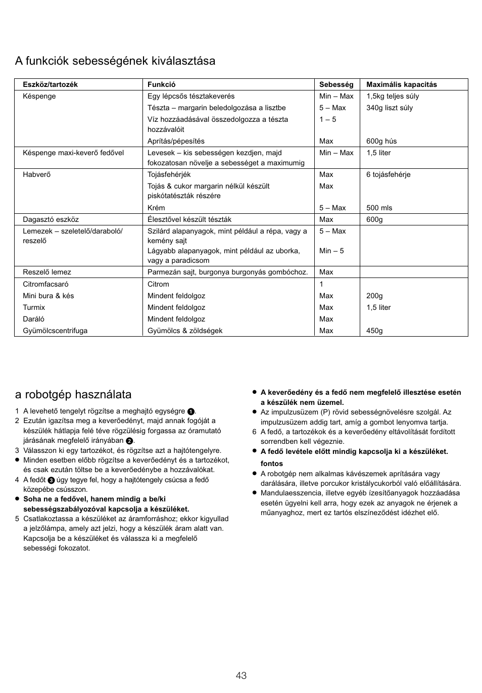 A robotgép használata, A funkciók sebességének kiválasztása | Kenwood FP905 User Manual | Page 46 / 84