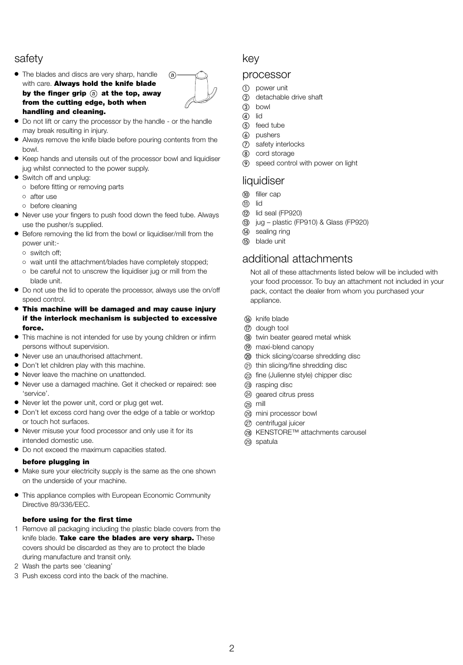 Safety, Key processor, Liquidiser | Additional attachments | Kenwood FP905 User Manual | Page 5 / 84