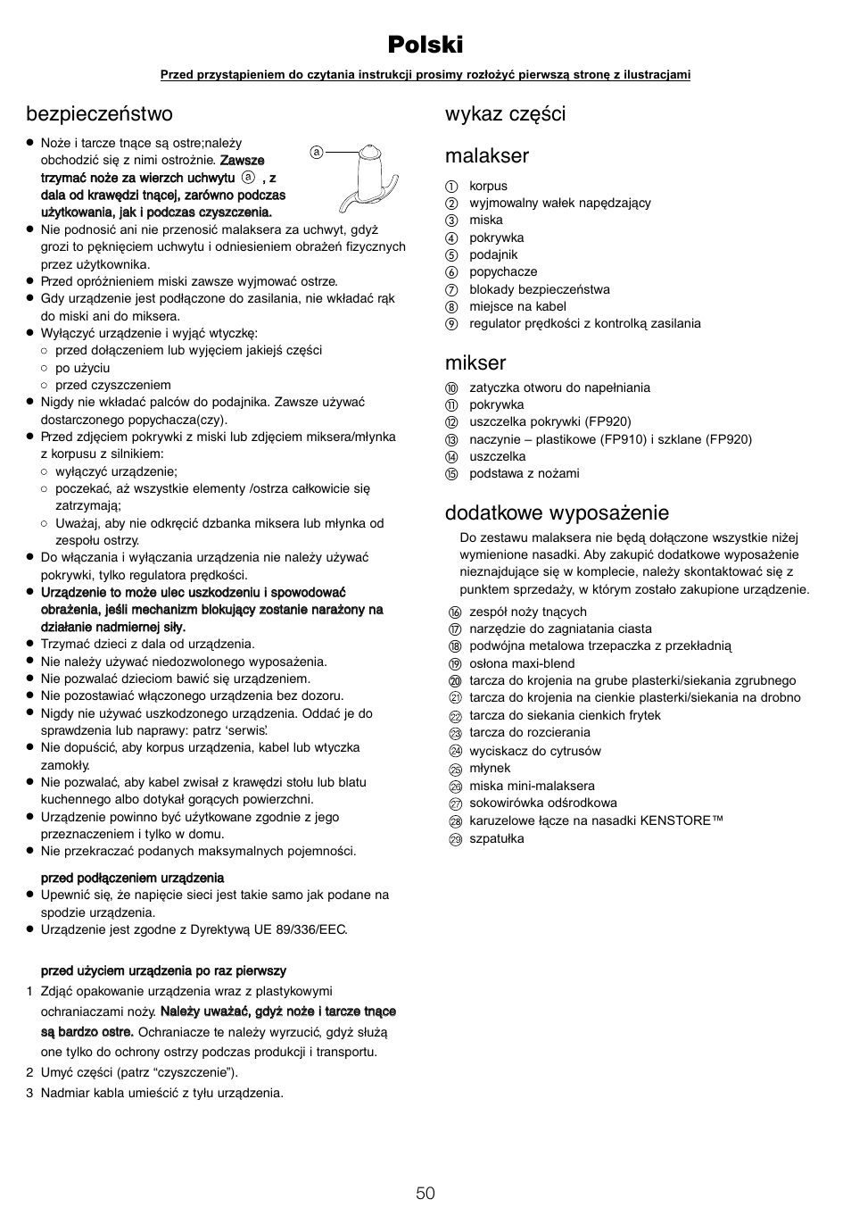 Polski, Bezpieczeństwo, Wykaz części malakser | Mikser, Dodatkowe wyposażenie | Kenwood FP905 User Manual | Page 53 / 84