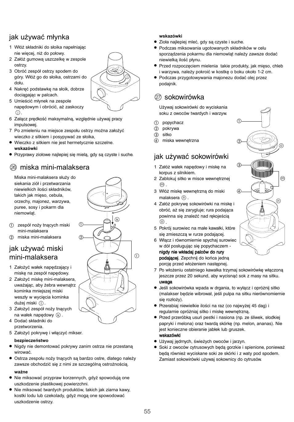 Jak u¯ywaç m¢ynka, Miska mini-malaksera, Jak używać miski mini-malaksera | Sokowirówka, Jak używać sokowirówki | Kenwood FP905 User Manual | Page 58 / 84