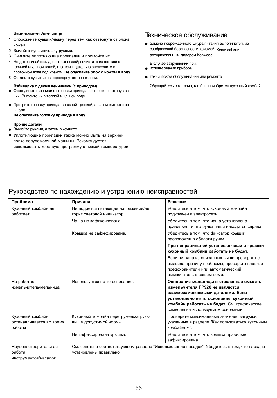 Техническое обслуживание | Kenwood FP905 User Manual | Page 68 / 84