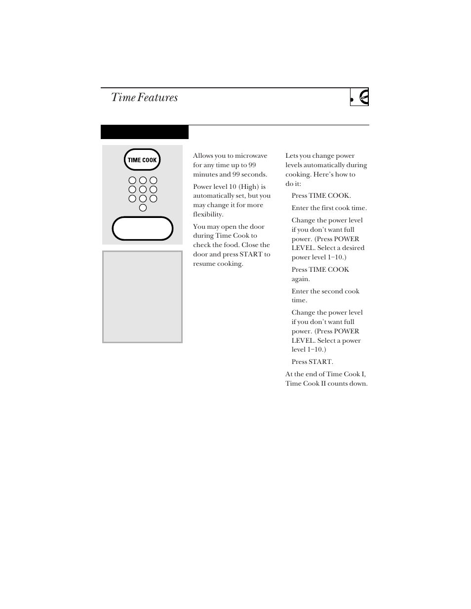 Time cooking, Time features, Time cook | Hotpoint RVM1425 User Manual | Page 15 / 40