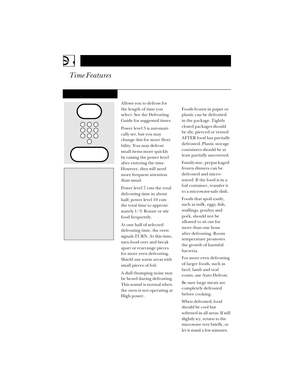 Operating instructions, Time features, Time defrost | Hotpoint RVM1425 User Manual | Page 18 / 40