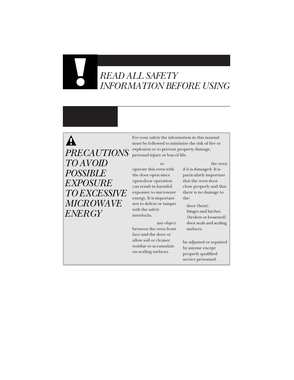 Important safety information, Precautions to avoid possible exposure, To excessive microwave energy | Read all safety information before using, For your safety | Hotpoint RVM1425 User Manual | Page 2 / 40