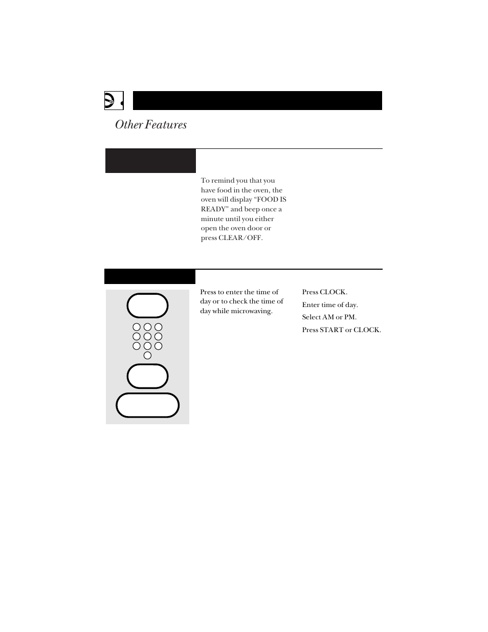 Other features, Operating instructions, Cooking complete reminder | Clock | Hotpoint RVM1425 User Manual | Page 24 / 40