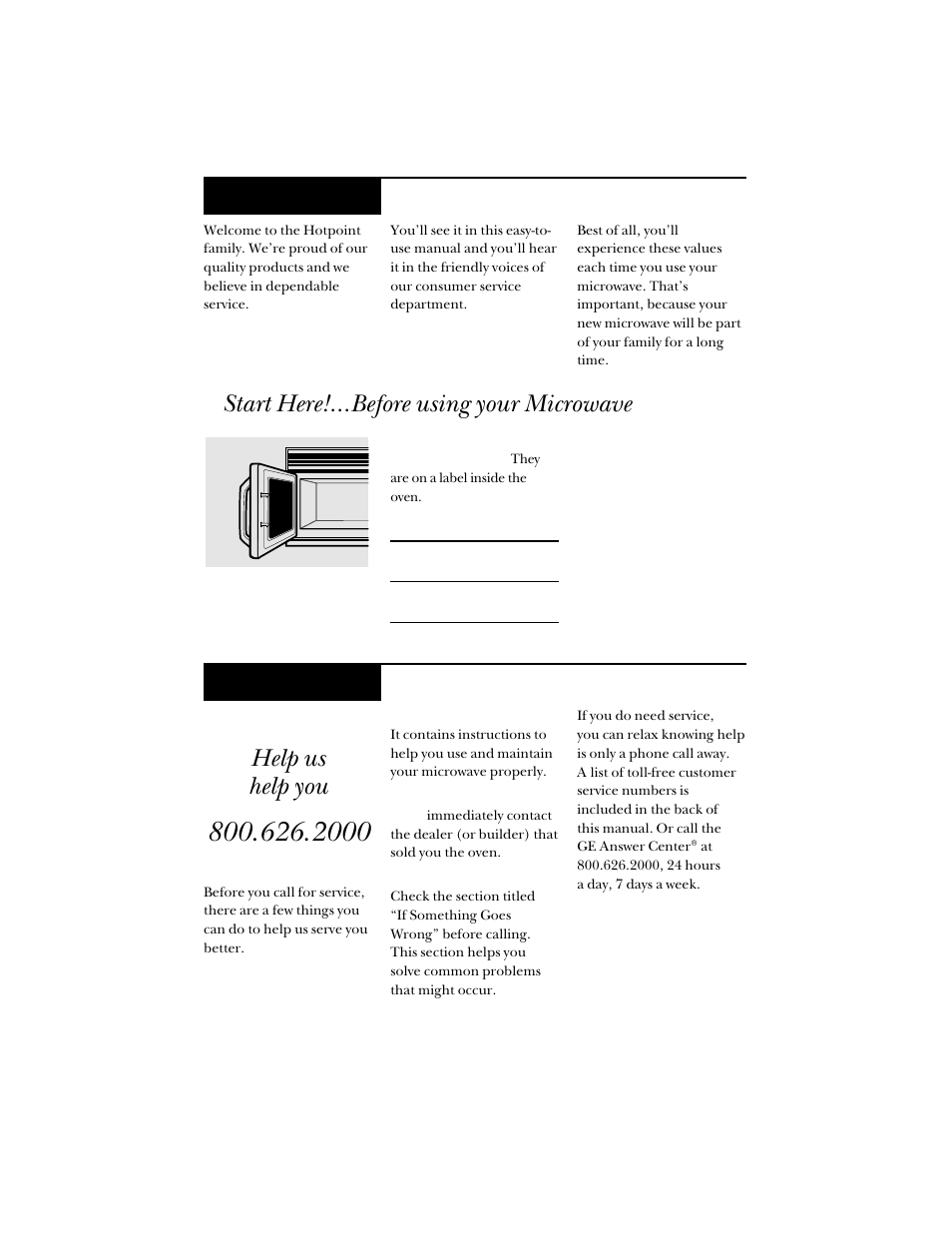 Welcome, Need help, Help us help you | Start here!…before using your microwave | Hotpoint RVM1425 User Manual | Page 3 / 40