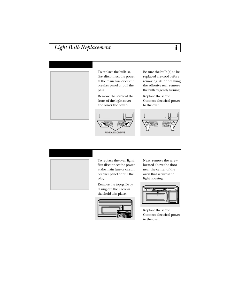 Light bulb replacement, Cooktop light, Oven light | Hotpoint RVM1425 User Manual | Page 31 / 40