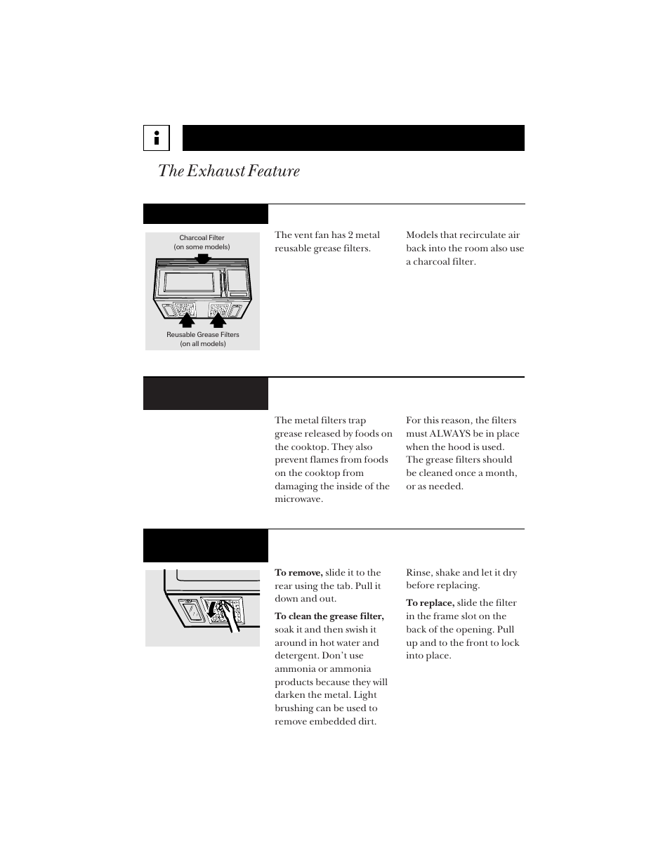 Helpful information, The exhaust feature, The vent fan | Reusable grease filters | Hotpoint RVM1425 User Manual | Page 32 / 40