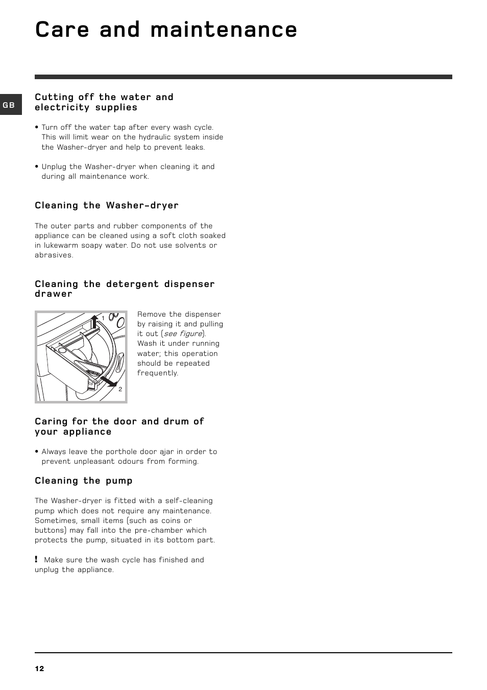 Care and maintenance | Hotpoint WDL 520 P/G/A/K User Manual | Page 12 / 16