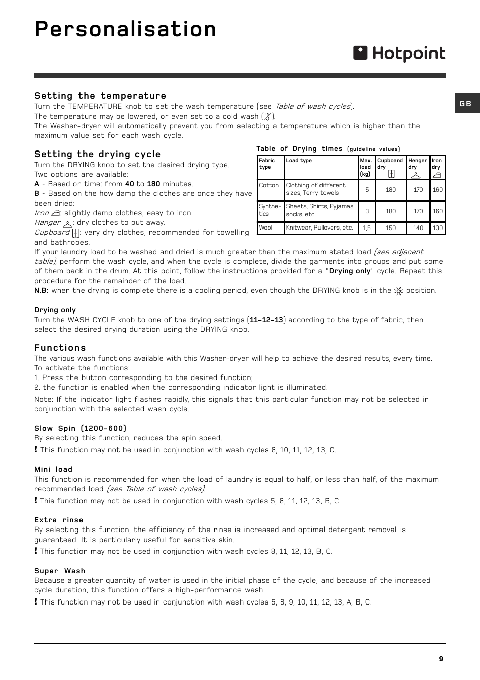 Personalisation, Setting the temperature, Setting the drying cycle | Functions | Hotpoint WDL 520 P/G/A/K User Manual | Page 9 / 16