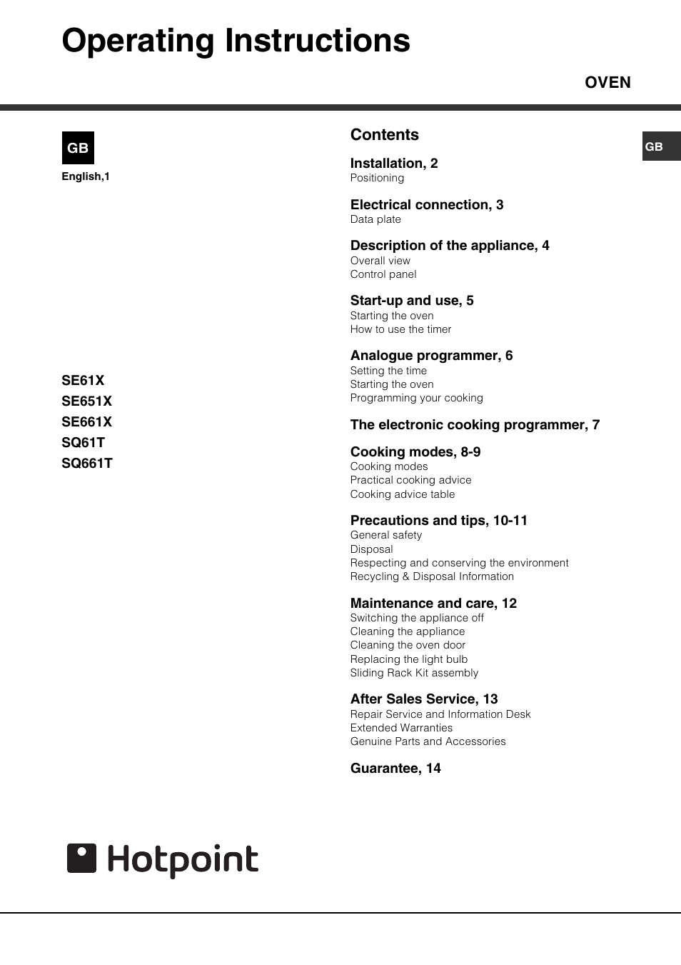 Hotpoint SE61X User Manual | 16 pages