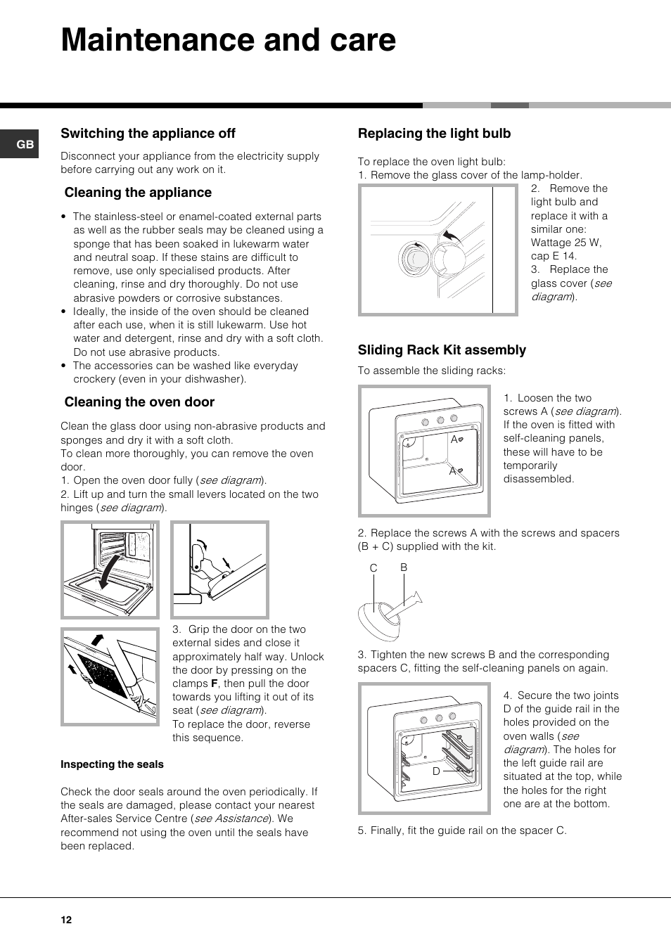 Maintenance and care | Hotpoint SE61X User Manual | Page 12 / 16