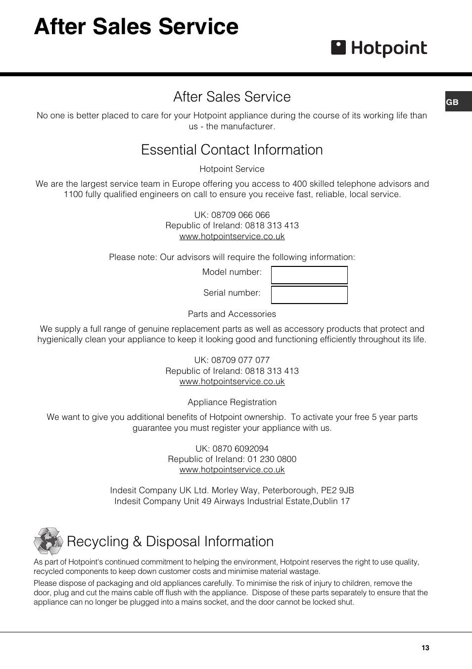 After sales service, Essential contact information, Recycling & disposal information | Hotpoint SE61X User Manual | Page 13 / 16