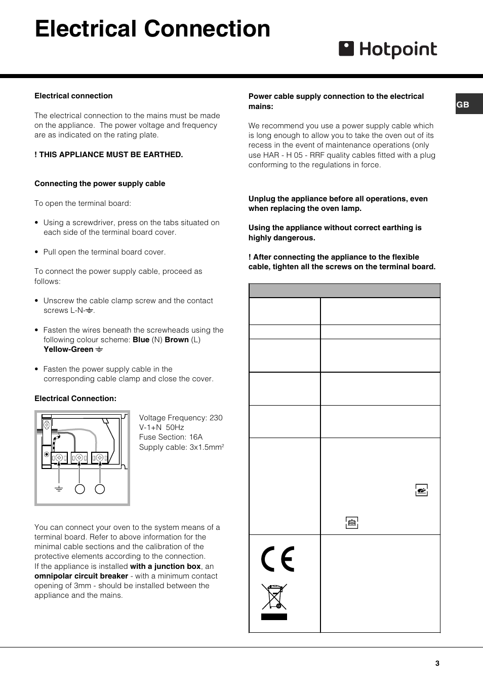 Electrical connection | Hotpoint SE61X User Manual | Page 3 / 16