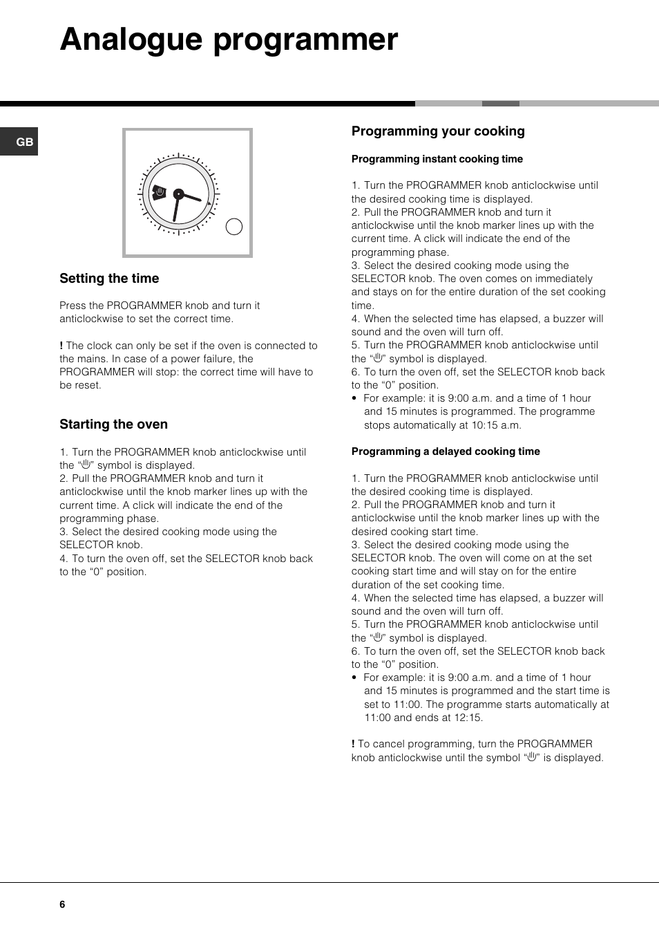 Analogue programmer, Setting the time, Starting the oven | Programming your cooking | Hotpoint SE61X User Manual | Page 6 / 16