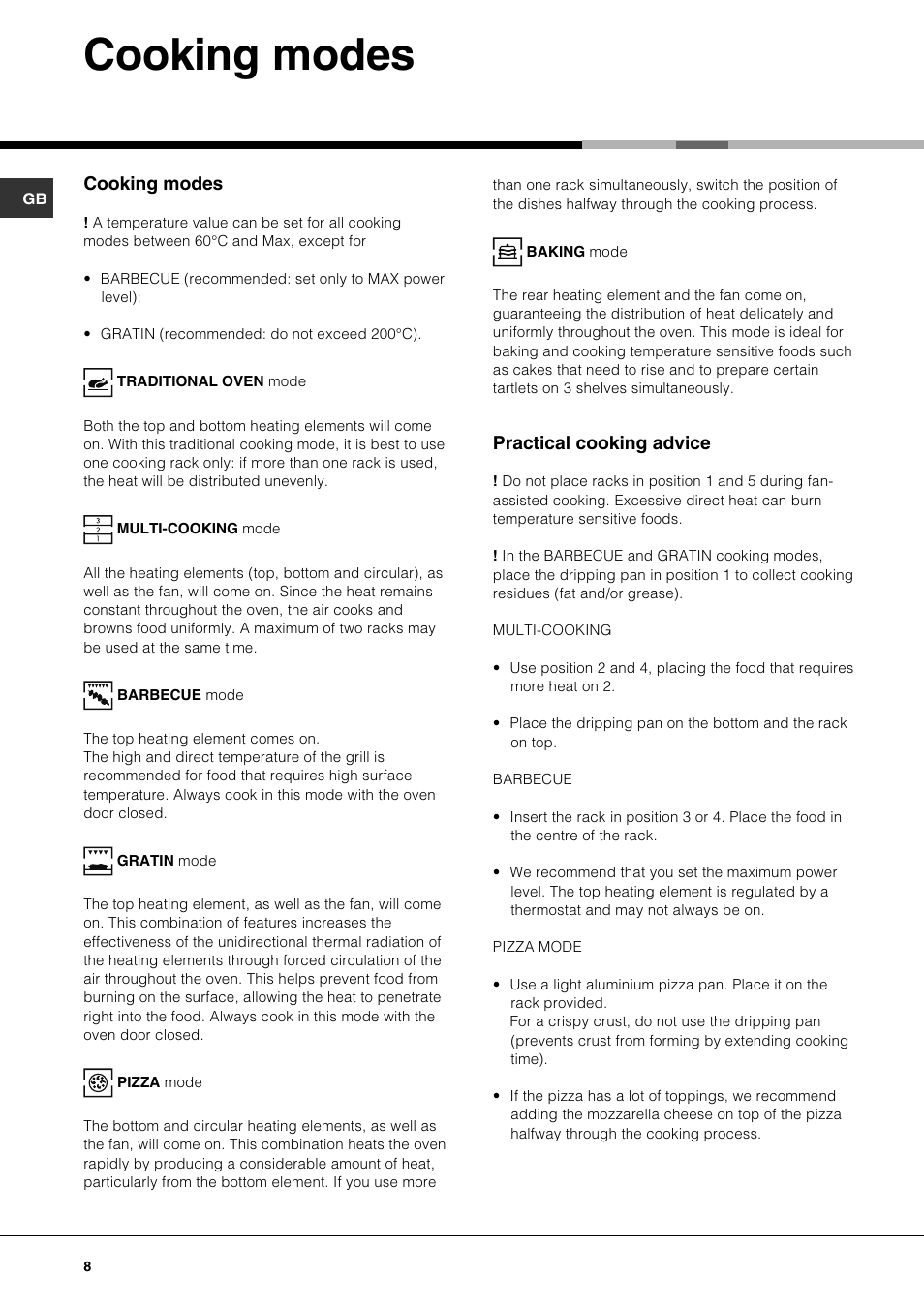 Cooking modes, Practical cooking advice | Hotpoint SE61X User Manual | Page 8 / 16