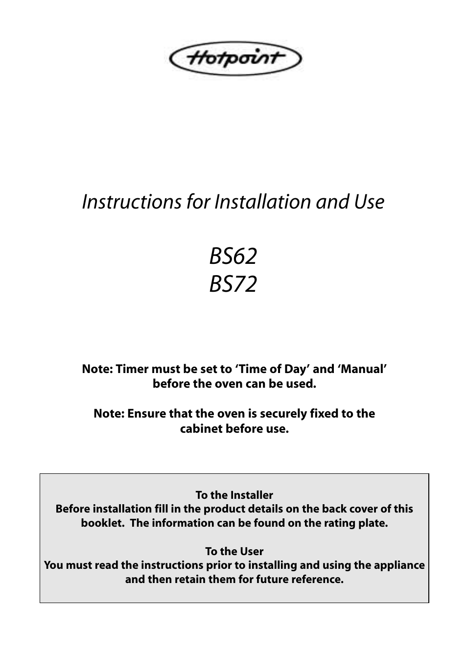 Hotpoint BS72 User Manual | 44 pages