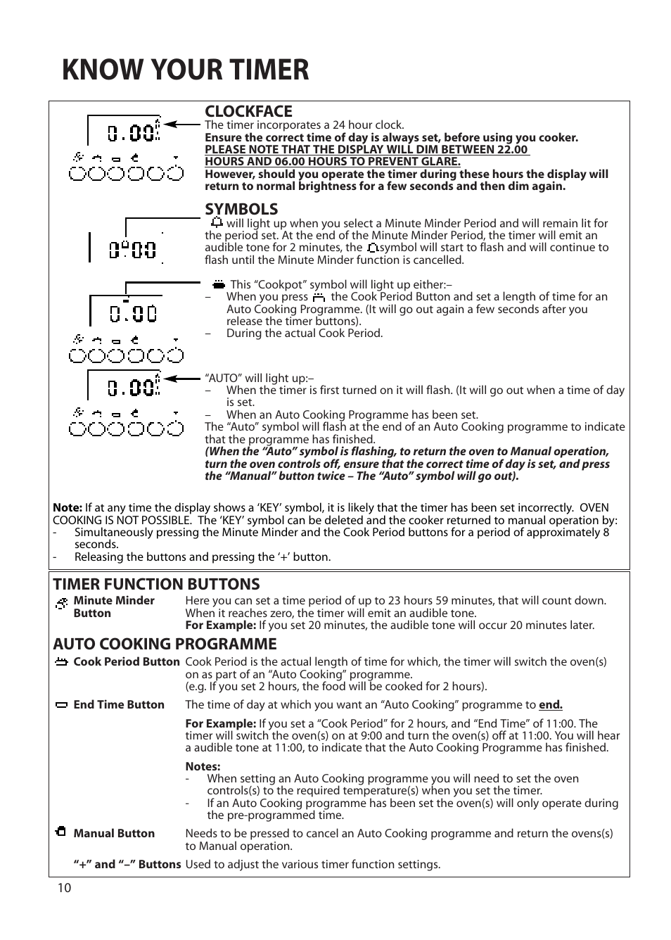 Know your timer, Clockface, Symbols | Timer function buttons auto cooking programme | Hotpoint BS72 User Manual | Page 10 / 44