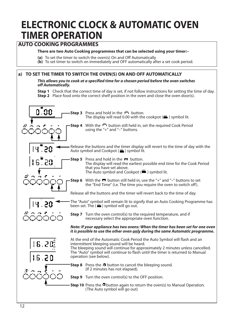 Electronic clock & automatic oven timer operation, Auto cooking programmes | Hotpoint BS72 User Manual | Page 12 / 44