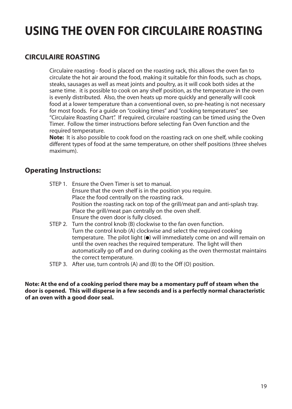 Using the oven for circulaire roasting | Hotpoint BS72 User Manual | Page 19 / 44