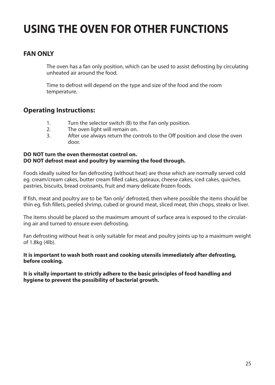 Using the oven for other functions | Hotpoint BS72 User Manual | Page 25 / 44
